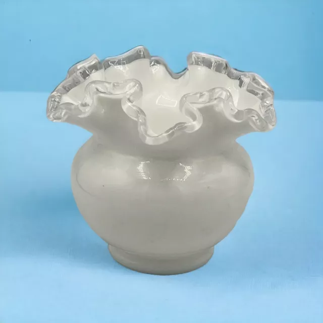 FENTON SILVER CREST Clear Ruffled Crimped Rose Bowl White Milk Glass 4 X 5"