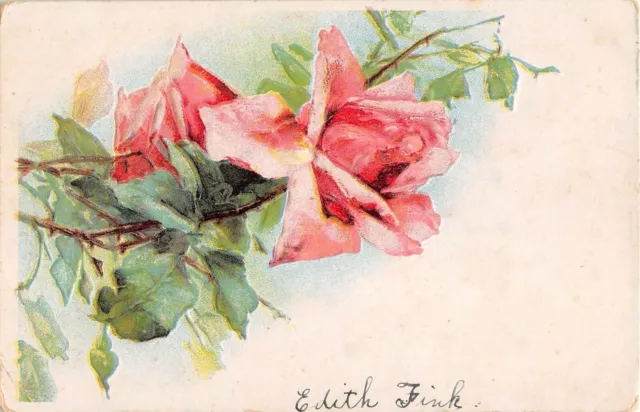 Pretty Pink Roses on Old Postcard