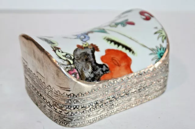 Antique Chinese Silverplate Trinket Box Porcelain shard Rooster Birds Floral 4x3