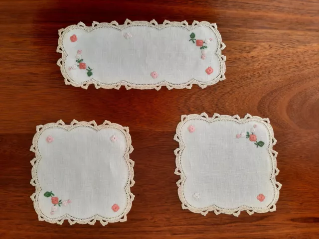 Vintage Cream Duchess Doily Set of 3 Embroidered  Crochet Linen Rectangle Square