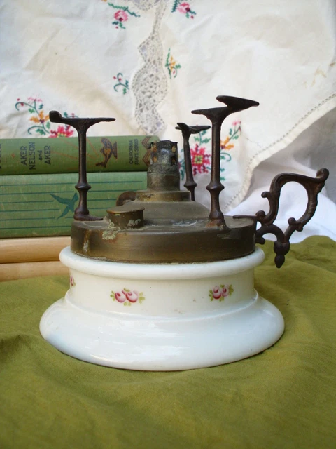 1800s Antique Plate Warmer Marque Depose Old Porcelain Brass Oil Kerosene Floral