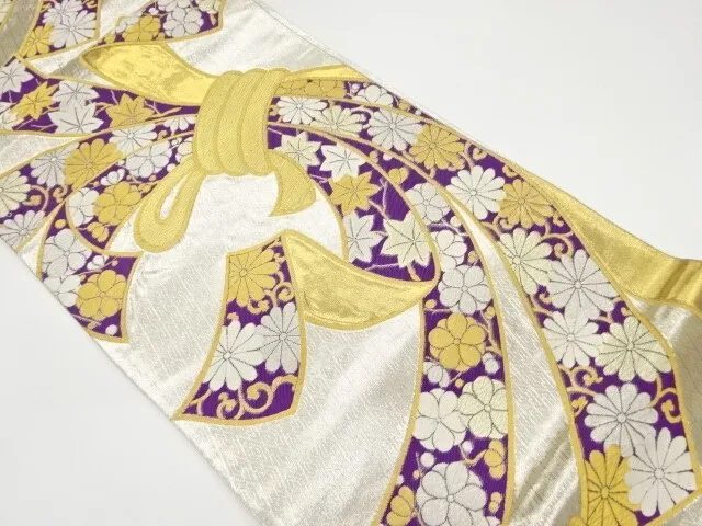6126068: Japanese Kimono / Vintage Fukuro Obi / Woven Floral Noshi Pattern