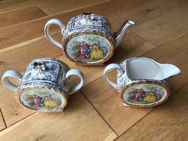 Sadler Courting Couples Pattern Gilt Edged Teapot Milk Jug & Lidded Sugar Bowl