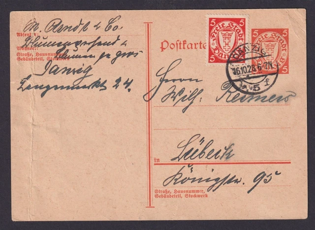Danzig Freie Stadt Ganzsache plu ZUF Lübeck