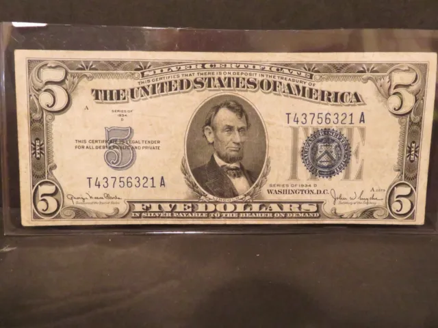 1934 D  $5 Five Dollar Silver Certificate  XF ~ 1013-2
