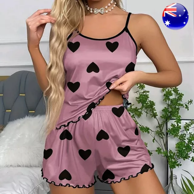 Two-Pcs Women Silk Camisole Pajamas Shorts Set Sleepwear PJS Set Soft Nightwear