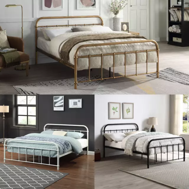 Tewin White Hospital Style Metal Bed Frame Black-Brass-White Single To King