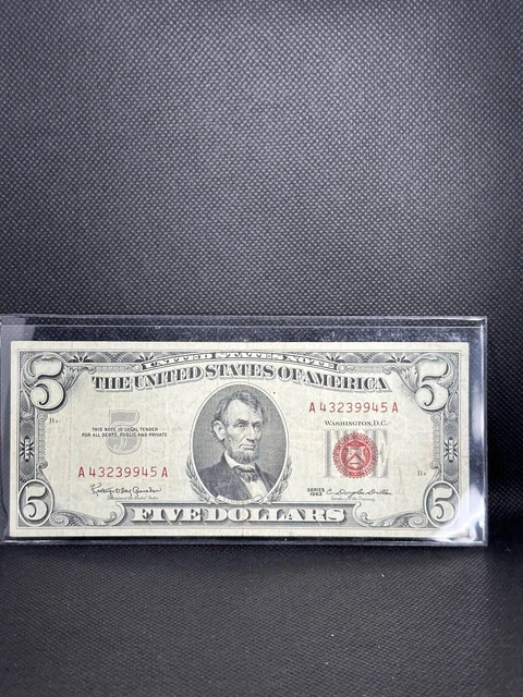 1963 Five Dollar RED Seal Note United States Note Old US Bill $5 Average Circ