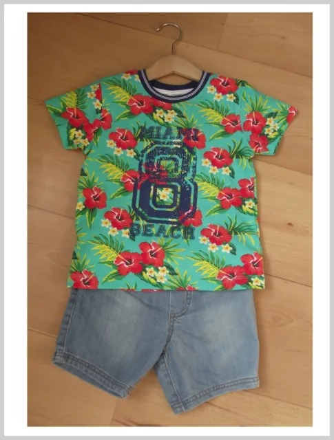 T-shirt e pantaloncini in denim per bambini set stampa tropicale hawaiana nuovi con etichette