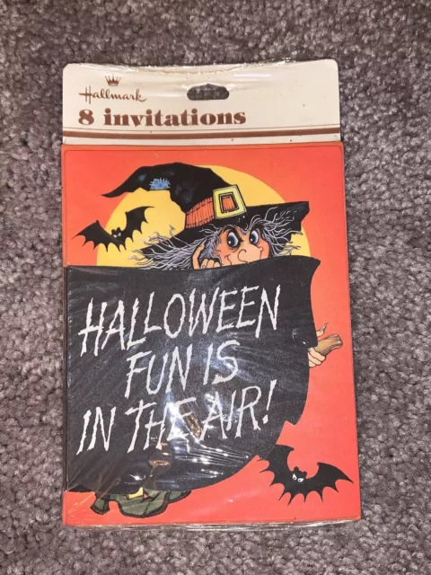 Vintage Sealed New Pack Of 8 Hallmark Halloween Party Invitation Cards Die Cuts