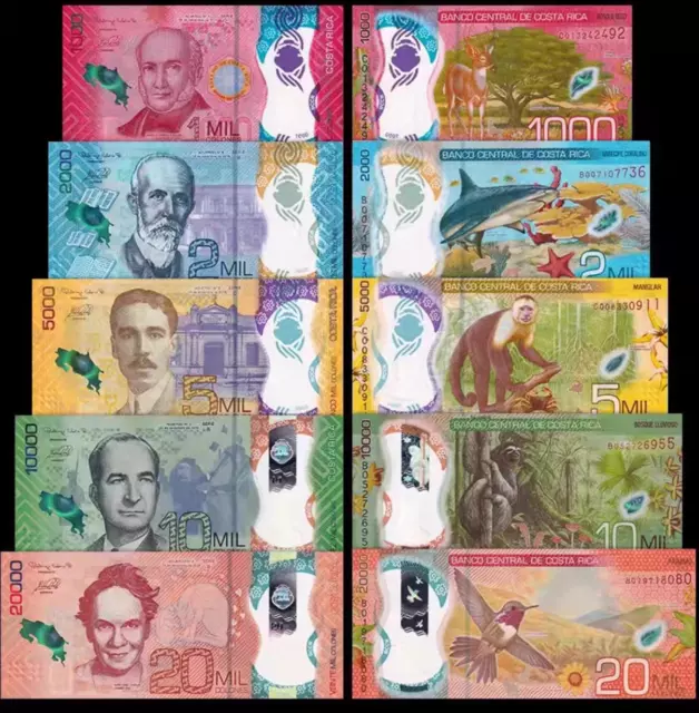 Costa Rica Set 5 PCS, 1000 2000 5000 10000 20000 Colones Polymer Animal UNC