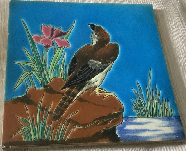Longwy a Superb 1920s/30s Longwy Tile of an Exotic Bird by a River Bank