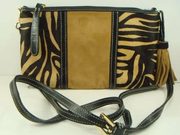 CLEVER CARRIAGE COMPANY Cowhide Crossbody Bag Zebra Leopard Print Black Strap