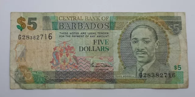 2000 - Central Bank Of Barbados - $5 Dollars Banknote, Serial No. G28 382716