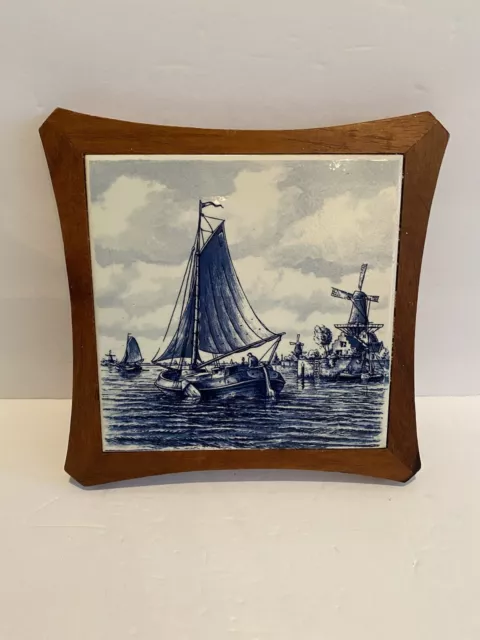 Vintage Wood Framed  Delft Blue  Sailboat Ceramic Tiles Holland