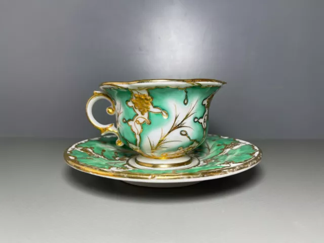 Schlaggenwald Gedeck Tasse Ut Grüne Blattreliefs Gold Floral 1.Wahl Um 1820 3