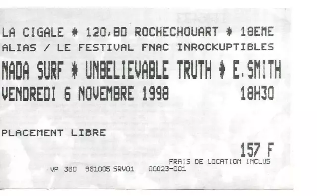 Rare / Ticket Billet De Concert - Nada Surf : Live A Paris ( France ) 1998 Place