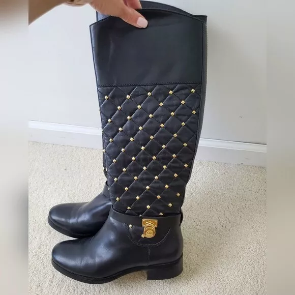 Michael Kors Hamilton Black Leather and Gold Studded Riding Boots sz7