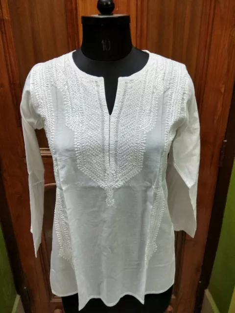 2Xs Xs M L 2Xl 3Xl Ethnic 100% Cotton Handmade Chikan Embroidery Kurta Kurti