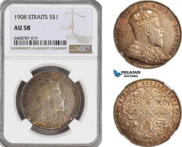 A6/472, Straits Settlements, Edward VII, 1 Dollar 1908, Bombay Mint, NGC AU58