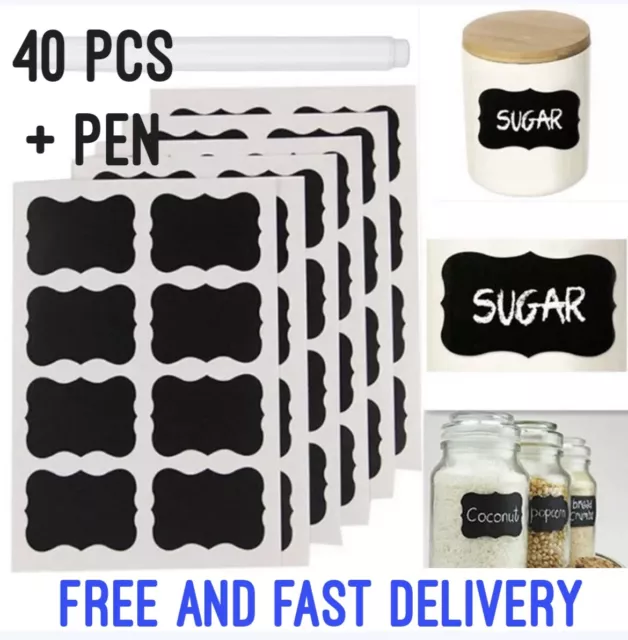 40 x Chalk Labels with Pen Set Blackboard Chalkboard Pantry Jar Stickers - UK