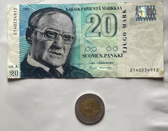 20 Markkaa 1993 Finlands Bank Suomen Pankki Banknote & ‘93 Suomi Finland 10 Coin 3