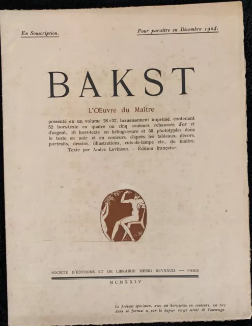 Plaquette Pour La Sortie Du  Livre De Bakst L'oeuvre Du Maitre 1924 2