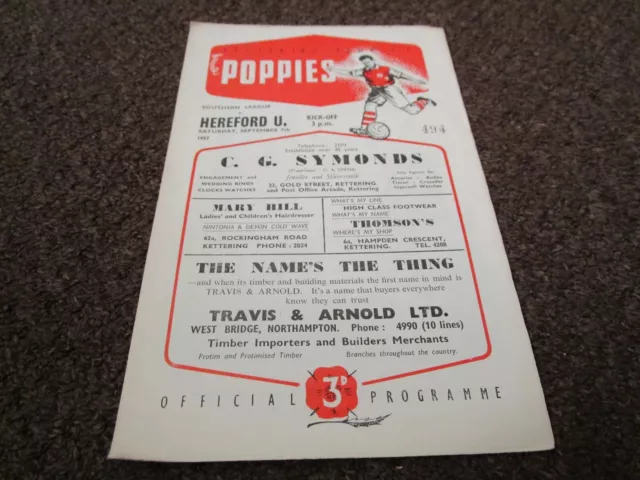 KETTERING TOWN  v  HEREFORD UNITED  1957/8   SEPTEMBER  7th  FOOTBALL PROGRAMME