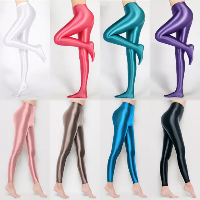 LEOHEX Women Shiny Glossy Leggings Nylon Satin Comfort Stockings Fitness  Opaque