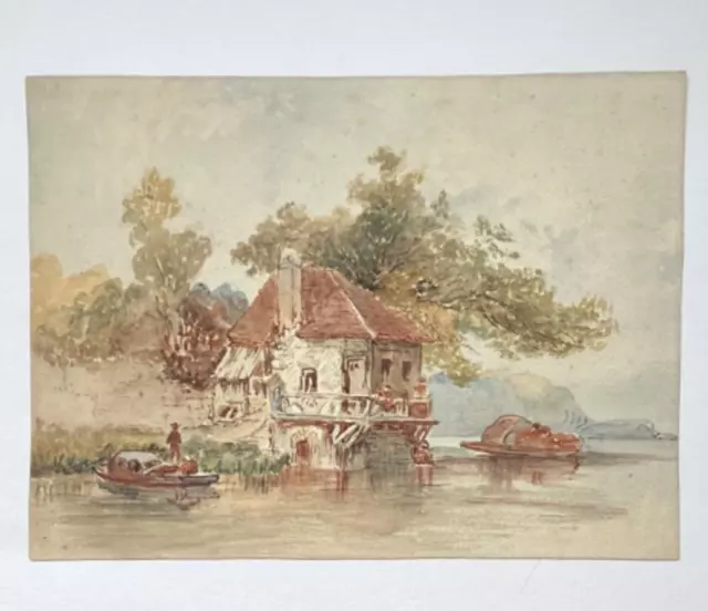 Antique watercolour countryside scene with trees river & cottage figure in rowin