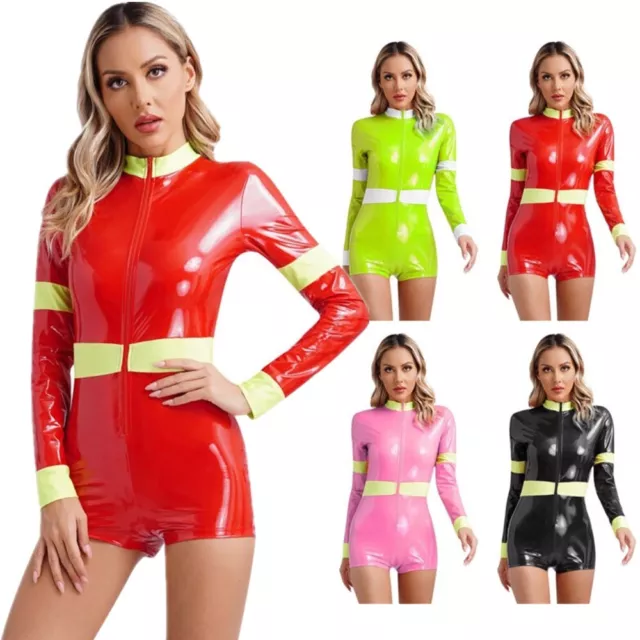 US Womens Firefighter Bodysuit Jumpsuits Patent Leather Fireman Cosplay Costume 3