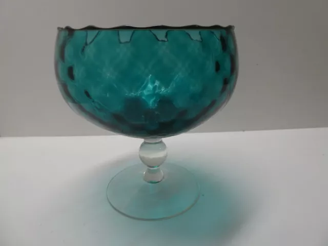 Art Glass Italian Mid Century Vintage Turquoise Blue Dimpled Comport Bowl