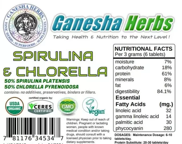 Chlorella & Spirulina  500mg Tablets 4 months supply Certified USDA ORGANIC!