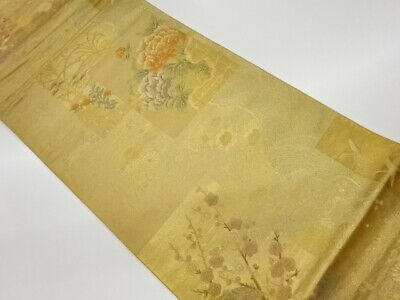 6260252: Japanese Kimono / Vintage Fukuro Obi / Gold Foil / Woven Cranes & Peony