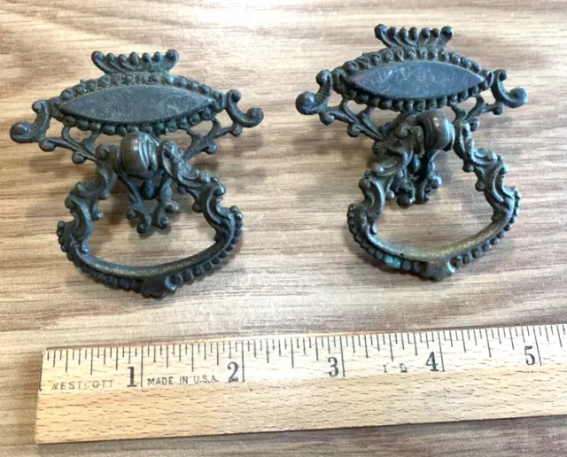 Antique Brass French Provincial Drop Ring Drawer Pull Victorian Cabinet Lot of 2