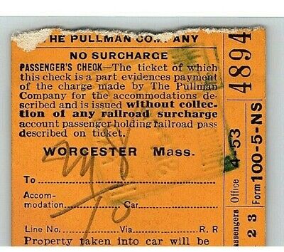 1930 The Pullman Co Passenger's Check Worcester Mass. Ticket Stub Union Station