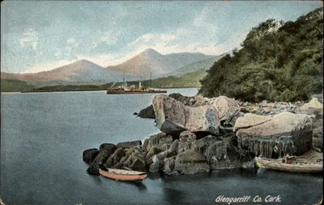 Glengariff Co Cork Ireland rock formations military ship rowboat c1910 postcard