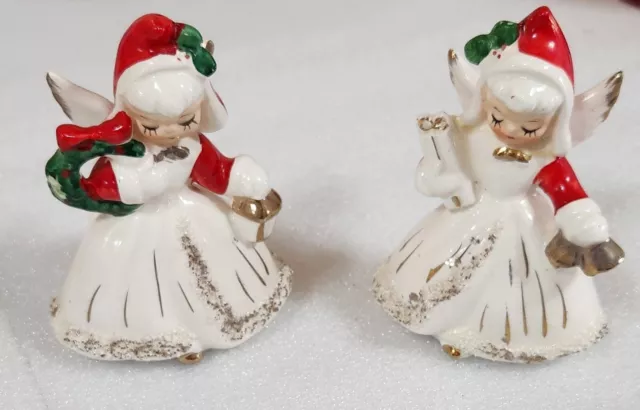 Vtg LEFTON Japan CHRISTMAS FIGURINE Gold Spaghetti Trim ANGEL CANDLE HOLDERS