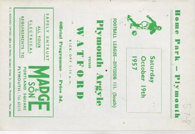 PROGRAMME - PLYMOUTH ARGYLE v WATFORD - 1957/58 SEASON