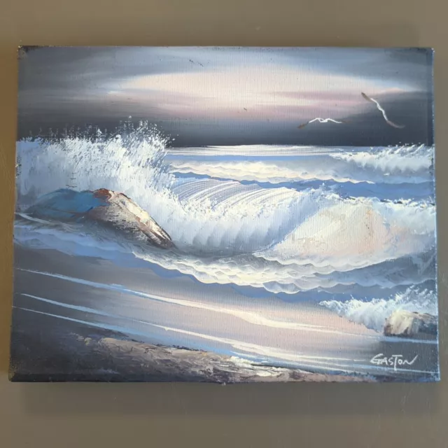 Oil Painting Of Waves Crashing Into Beach W/ Seagulls By Gaston. Certified 10x8