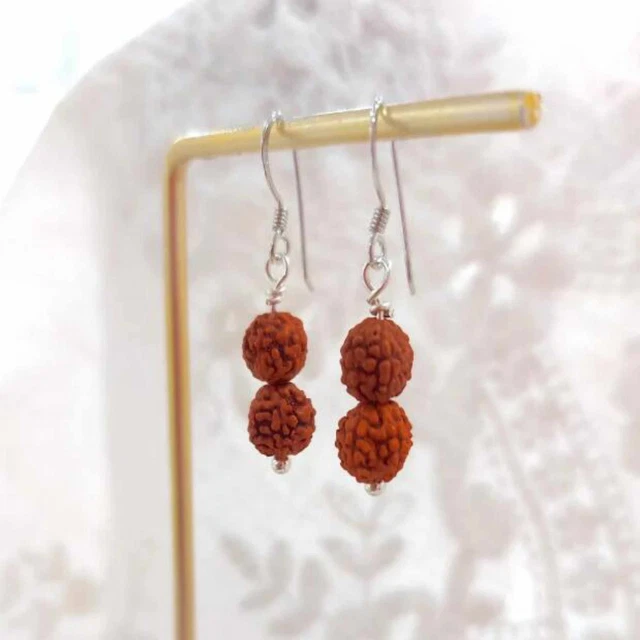 Fashion 6mm natural brown round Rudraksha bead silver earrings Wedding Hook