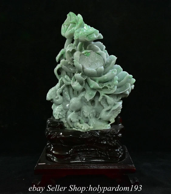 15.2" Chinese Natural Emerald jadeite Jade Carved Lotus Cranes Statue