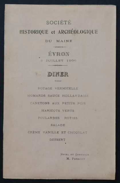 Menu 1906 Société historique & archéologique du Maine Evron restaurant card