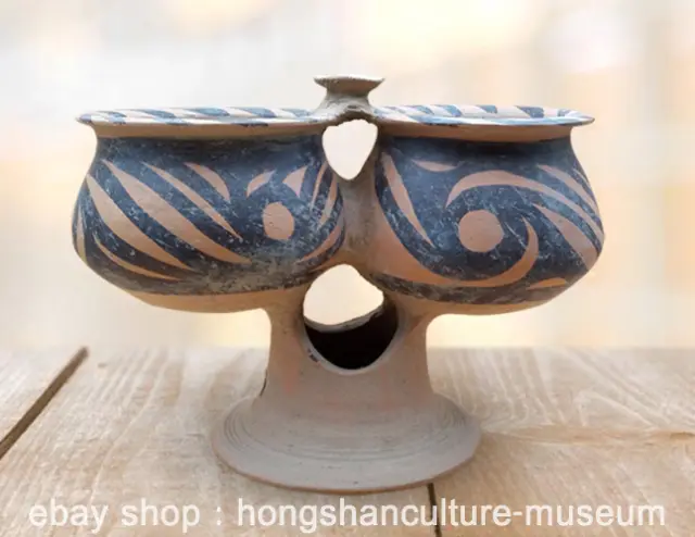 8" Old China Ancient Neolithic Majiayao Culture Pottery Swirl Pattern Double Cup