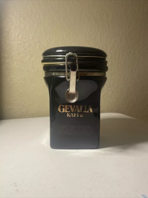 Gevalia Kaffe Coffee Canister Jar Black & Gold Ceramic 7" Tall