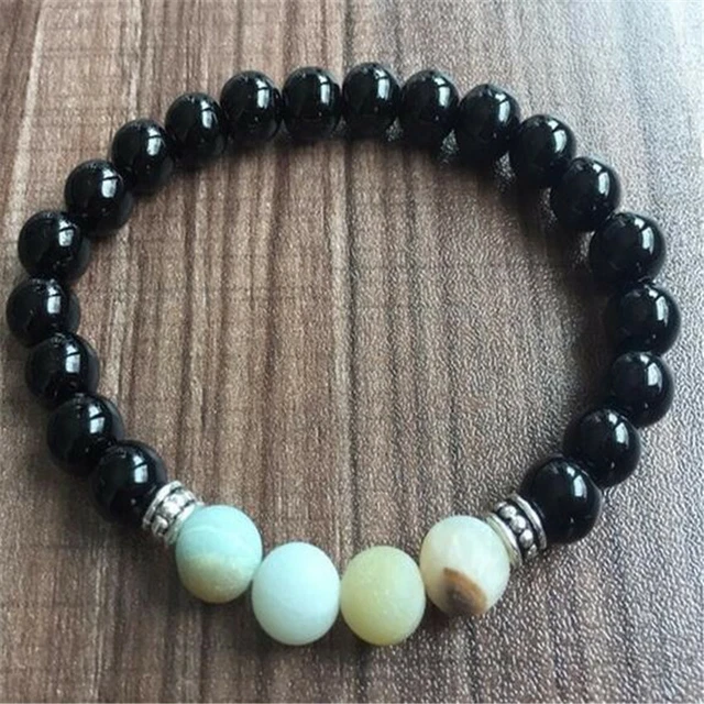 8mm Obsidian Gemstone Amazonite Mala Bracelet 7.5 inches Monk Sutra Stretchy