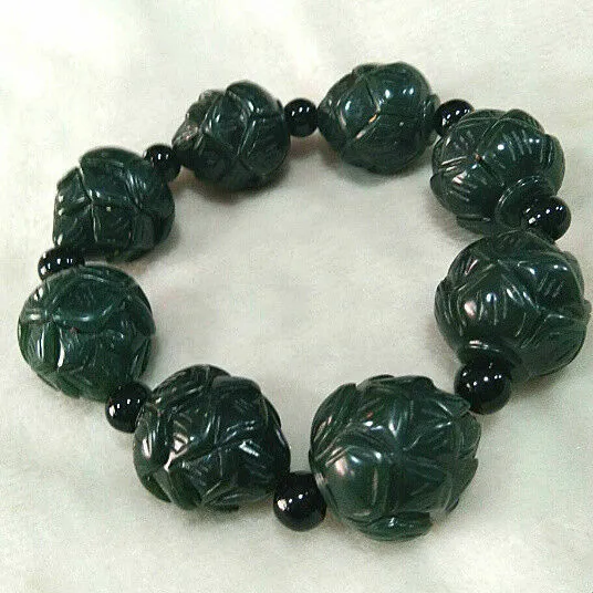 Chinese Hand Carved jade lotus flower Bead Natural  Hetian jade  Bracelet