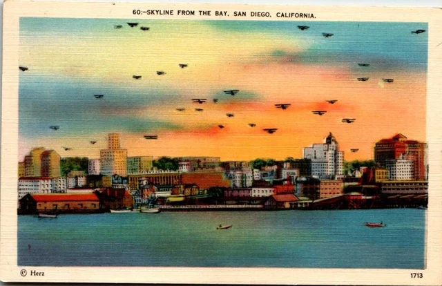 Linen Postcard San Diego California CA During Military Aerial Maneuvers Sunrise