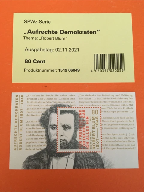 Block 89 ** postfr., BRD 2021, Mi.Nr. 3637, Robert Blum, Aufrechte Demokraten