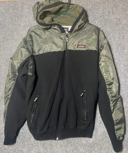 thor Hooded Jacket Mens M Black w/Sage Green Motorcross Full Zip Warm